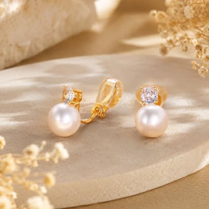 Pearl Clip on Earrings for Women - 14K Gold Silver Plated Cubic Zirconia Non Pierced Ear Clips Jewelry Gifts for Wedding Bridal Party Gifts - color: Gold-10mm