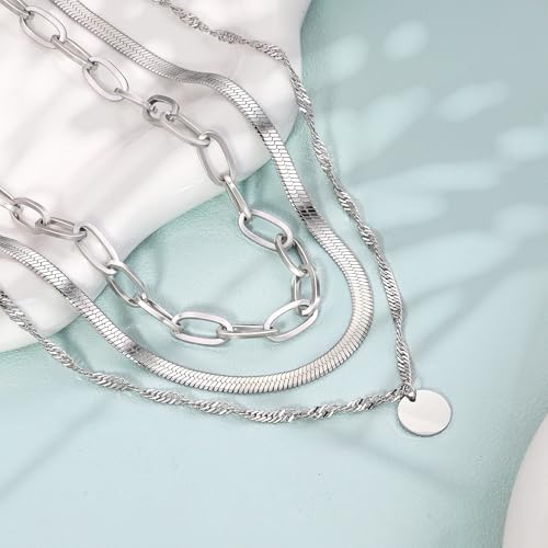 Layered Necklaces for Women,14k Gold Plated Dainty Necklace Stack Set Non Tarnish Adjustable Silver Stainless Steel CZ Heart Circle Pendant Paperclip Choker Herringbone Snake Chain Jewelry - style: Circle Layered Necklace-Silver