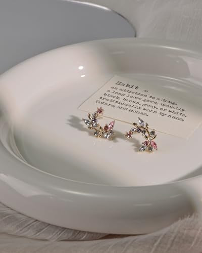 14K Gold Plated Leaf Earrings for Women, Colorful Marquise Cubic Zirconia Floral Studs, Hypoallergenic Botanical Ear Crawler Earrings for Spring
