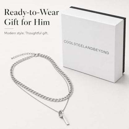 COOLSTEELANDBEYOND Men's Stainless Steel Layered Necklace Set, 3-Piece Stacked Chains, Geometric Hoop and Bar Pendant, Modern Minimalist Jewelry, Gift for Him