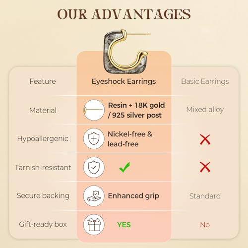 Chunky Hoop Earrings for Women, Tortoise Shell Leopard Hoops | Tortoise Shell Pattern; 18K Gold Plated Finish; 925 Silver Posts; Lightweight Statement Style - color: QIHP-18-Grey