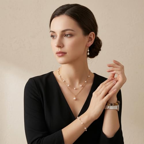 Yuanchu Gold Jewelry Set, Gold Copper Plated Pearl Necklace and Earring Set, Dainty Layered Choker, Adjustable Bracelet, Wedding Jewelry Sets for Brides