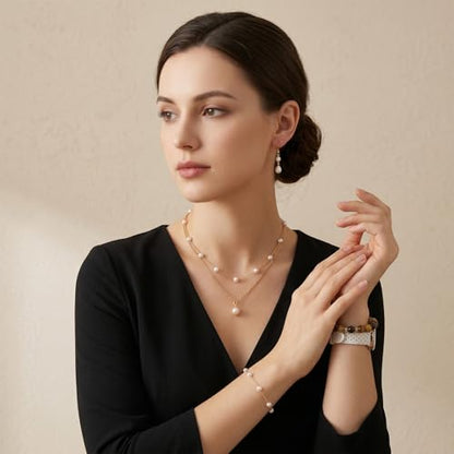 Yuanchu Gold Jewelry Set, Gold Copper Plated Pearl Necklace and Earring Set, Dainty Layered Choker, Adjustable Bracelet, Wedding Jewelry Sets for Brides