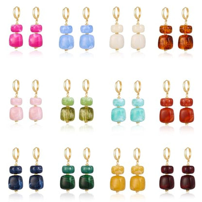 COLOYAN 12 Pairs Multicolor Resin Beaded Drop Earrings for Women | 14K Gold Plated, Hoop Dangle, Lightweight Geometric Square Acrylic, Boho Statement, Women Daily Wear Vacation Gift