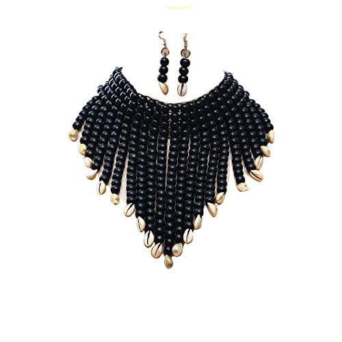 Wooden Beaded Seed Bib Necklace and Earrings Set for Women,Statement African Boho Layering Chunky Collar Choker Set - color: Black