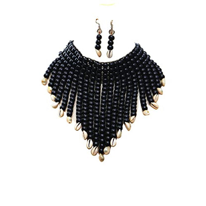 Wooden Beaded Seed Bib Necklace and Earrings Set for Women,Statement African Boho Layering Chunky Collar Choker Set - color: Black