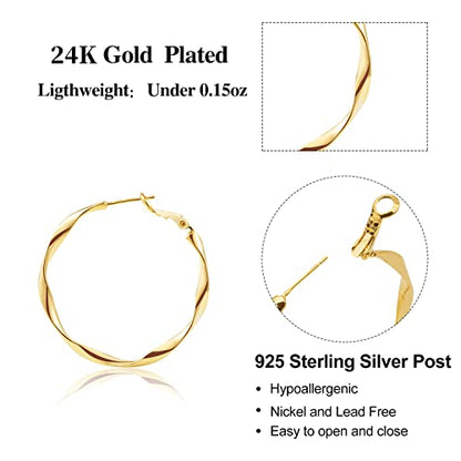 24K Gold Hoop Earrings for Women Trendy Real Gold Plated Twisted Thin Huggie Hoops, Dainty Cute Big Gold Filled Dangle Hoop Earrings Nickel Free Womens Earrings for Sensitive Ears Hypoallergenic - style: Gold 40mm