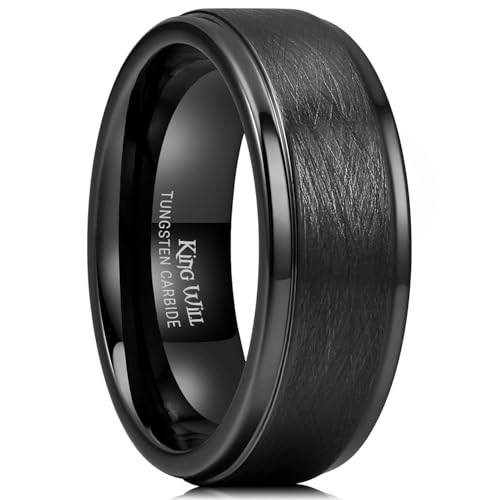 King Will Classic Tungsten Carbide Ring Brushed Two Grooved Center Hammered Design Mens Wedding Band for Men | Black/Silver/Gold, 8mm, Men's Wedding Band, Grooved, Comfort Fit, Everyday Wear - color: C-Black 8mm