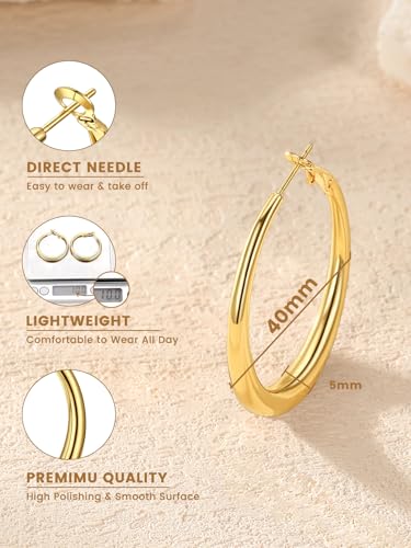 KeyStyle 5mm Thick Hoop Earring，Large Gold Hoop Earrings for Women | Stainless Steel Hoops Earring 14K Gold Plated/Silver/Black Hoop Lightweight Hypoallergenic Hollow Tube Hoop(40/60/80MM) - color: Gold, size: 40mm