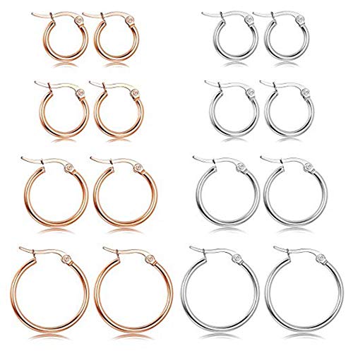 4 Pairs Stainless Steel Round Hoop Cute Huggie Earrings For Women Small Hoop Earring Set(10mm,15mm,20mm,25mm) - color: Rose Gold Tone-4Pairs,Silver Tone-4Pairs