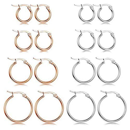 4 Pairs Stainless Steel Round Hoop Cute Huggie Earrings For Women Small Hoop Earring Set(10mm,15mm,20mm,25mm) - color: Rose Gold Tone-4Pairs,Silver Tone-4Pairs