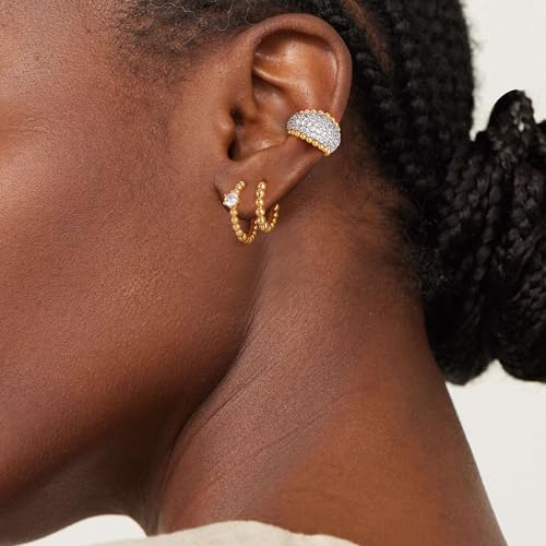 Dremmy Studios Dainty CZ Huggie Hoop Earrings 14K Gold Plated Chunky Simple Cute Thick Round Frill Bead Ball Starburst Cuff Earrings Cubic Zirconia Hoop Earrings Minimalist Personalized Gift for Her - color: Bead C