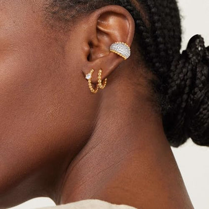 Dremmy Studios Dainty CZ Huggie Hoop Earrings 14K Gold Plated Chunky Simple Cute Thick Round Frill Bead Ball Starburst Cuff Earrings Cubic Zirconia Hoop Earrings Minimalist Personalized Gift for Her - color: Bead C