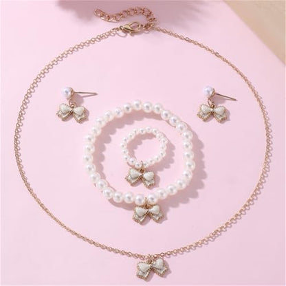 MALOYANVE 4PCS Bow Necklace Earrings Bracelet Ring Set for Women Elegant Bowknot - Adorned Pearl Jewelry Silk Ribbon Necklace Bracelet and Earrings for Christmas - style: White Bow
