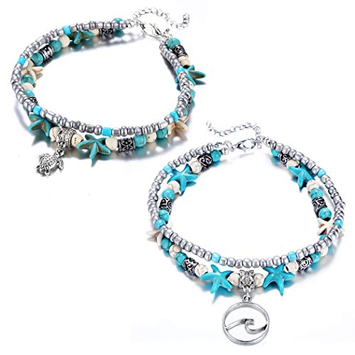 Starain Blue Turtle Anklets for Women Multilayer Beads Handmade Beach Ankle Bracelet Set Boho Foot Jewelry - color: 2Pcs Turtle and Wave Beaded Anklet