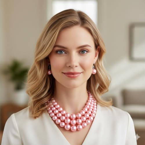 Fashion 21 Women's Faux Pearl Three Multi-Strand Statement Necklace and Earrings Set - color: Pink