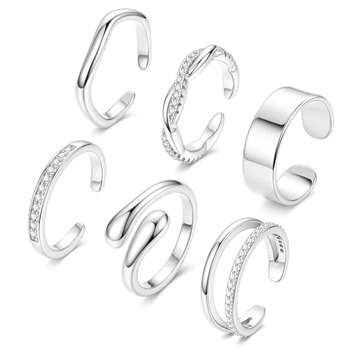 NICEIGHT 6Pcs 14K Gold Filled Toe Rings for Women Non Tarnish Silver Flower Hug Band Toe Rings Simple Adjustable CZ Twist Toe Ring Summer Beach Foot Jewelry for Women - color: Silver A