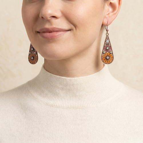 Bohemian Crystal Teardrop Dangle Earrings, Copper, Tribal Geometric Design, Handmade National Style for Women - color: Burnt Orange