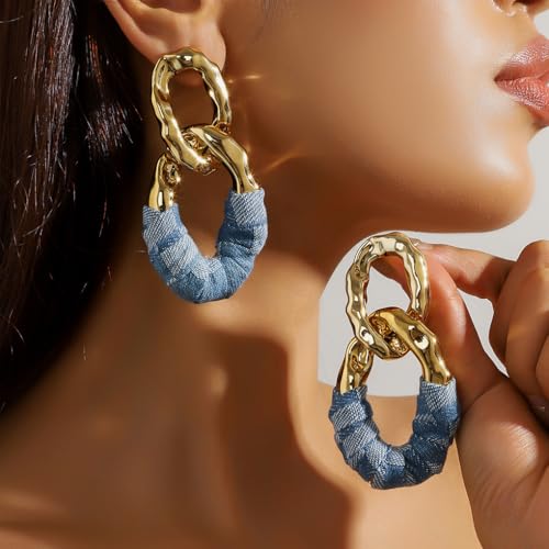 Chunky Gold Acrylic Chain Statement Earrings for Women,Exaggerated Thick Chain Artificial Leather Wrap Dangle Earrings Trendy Geometric Ear Jewelry - color: Denim