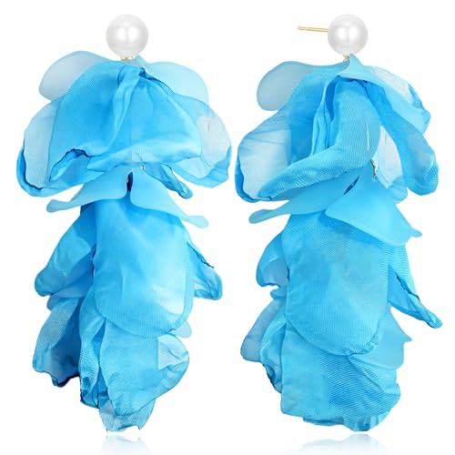 Handmade Bohemian Lightweight Fabric Flower Dangle Drop Earrings Chic Pearl Large Tassel Petal Stud Earrings For Women - color: Sky Blue