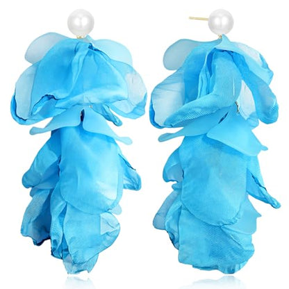 Handmade Bohemian Lightweight Fabric Flower Dangle Drop Earrings Chic Pearl Large Tassel Petal Stud Earrings For Women - color: Sky Blue