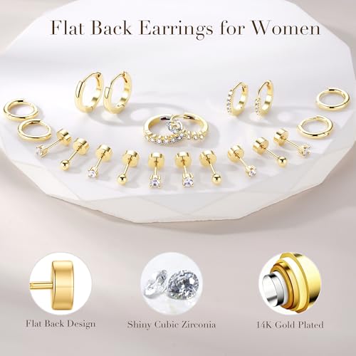 Turandoss 10 Pairs Gold Hoop Earrings for Women | 14K Gold Plated Stud Hoop Earrings, Flat Back, Cartilage Earring Stacks, Multiple Piercing, Hypoallergenic - color: 14K Gold Plated