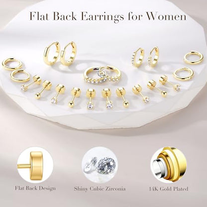 Turandoss 10 Pairs Gold Hoop Earrings for Women | 14K Gold Plated Stud Hoop Earrings, Flat Back, Cartilage Earring Stacks, Multiple Piercing, Hypoallergenic - color: 14K Gold Plated