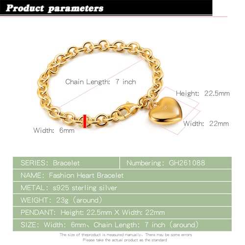 Dankadi Women 925 Sterling Silver Round Cable Wire Link Bracelet Charm Heart-Bell-Square-Circle Pendant Chain Bangle Fine Jewelry Gift For Wife Her - color: 6MM Gold Heart Pendant, size: 5.9 in