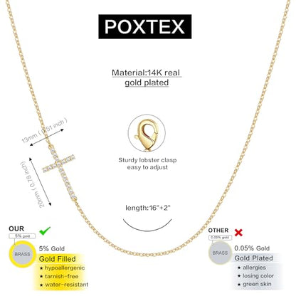 Poxtex Cross Necklace for Women Teen Girls, Dainty 14K Gold Silver Plated Cross Choker Jewelry Non Tarnish Waterproof Cute Simple Small Necklace Christian Baptism Religious Faith Jewelry Gifts - color: 05 Sideway Cross Necklace- CZS