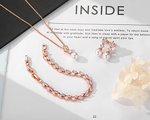 Wedding Jewelry for Bride Bridesmaid, Pearl Dangle Earrings and Pendant Necklace Set Bridal Jewelry for Promise Wedding Party - color: 3#Rose gold-1 Set-Necklace/Bracelet/Earrings