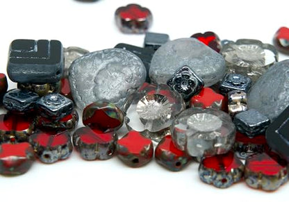 65+ pcs (2.1oz=60g) of Focal Glass Bead Mix with Table-Cut Hawaii Flower and Heart with Rose Beads, PG Gray Red - color: Focal Gray Red