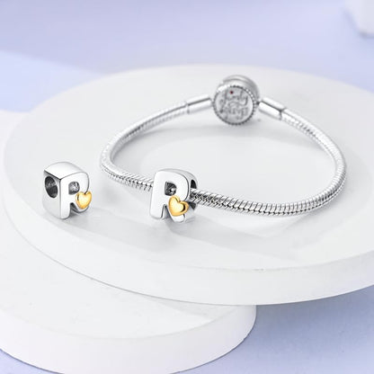 Women 925 Sterling Silver Charms A-Z Heart Letters Beads Pendant for Bracelets Women Fit Pandora Bracelets Hypoallergenic Beads - color: R