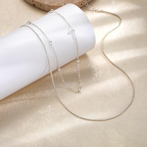 Tewiky Layered Necklaces for Women 14k Gold Plated Chain Necklace Set | Chunky Herringbone/Snake/Rope/Box/Cuban Link Chain for Women, Layering Stack Choker Necklace, Dainty Jewelry Set Non Tarnish - color: Layered Bead Silver