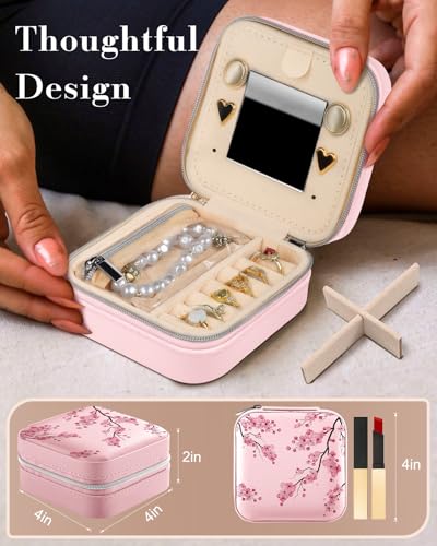 Bistup Travel Jewelry Case - Small Jewelry Organizers and Storage Box for Women Girls Teens Cute Traveling Jewelry Holder with Mirror Little Tiny Compact Modern Unique Aesthetic Pretty, Peach Blossom - style: Peach Blossom