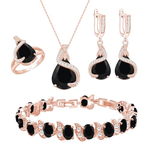 Jewelry Set for Women Teardrop Earrings Necklace Ring Bracelet Set Party Wedding Jewelry Gift for Mother Wife Friend - color: Rose Gold-Black