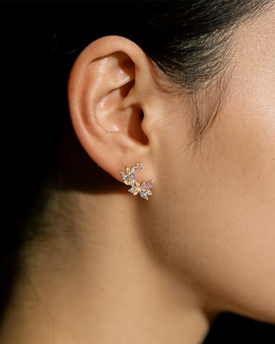 14K Gold Plated Leaf Earrings for Women, Colorful Marquise Cubic Zirconia Floral Studs, Hypoallergenic Botanical Ear Crawler Earrings for Spring