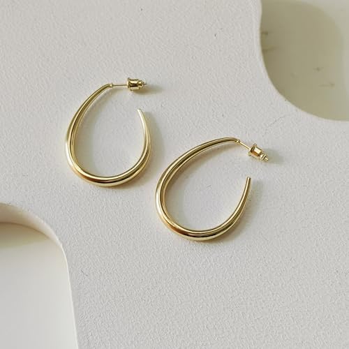 OGD Teardrop Hoop Earrings for Women 14K Gold Plated Large Chunky Oval Pull Through Hoop Earrings Statement Jewelry Gift for Women Hypoallergenic - color: Oval Earrings-Gold