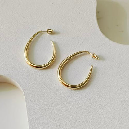 OGD Teardrop Hoop Earrings for Women 14K Gold Plated Large Chunky Oval Pull Through Hoop Earrings Statement Jewelry Gift for Women Hypoallergenic - color: Oval Earrings-Gold
