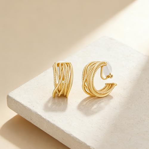 Clip on Earrings for Women Silver and Gold Plated Twisted Rope Hoops Non Pierced C Hoop Earring Lightweight Two Tone Clips Mixed Metal Jewelry Gifts - color: Wide Hoop-gold