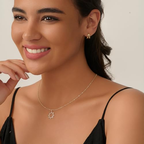 Dainty Gold Necklace: 14k Gold Plated Dianty Boots Bow Sun Moon Horse Evil Eye Conch Seahorse Necklace for Women 16.5"+2" - color: Sun