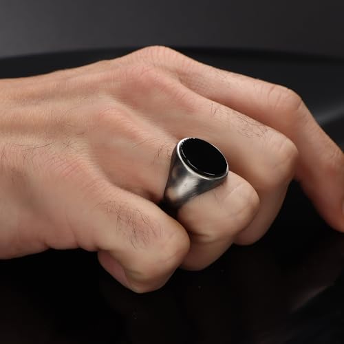 Silver Plated Steel Men's Ring with Oval Onyx Stone – Brushed & Oxidized Finish | Premium Stainless Steel Black Onyx Signet Ring for Men