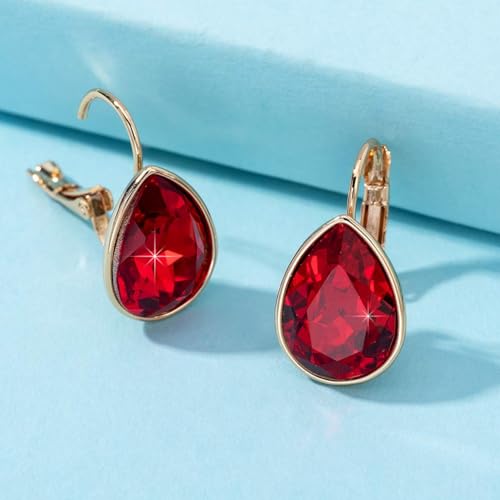Austrian Crystal Teardrop Leverback Drop Earrings for Women | 14K Gold-Plated Finish, Sparkling Pear Stone, Smooth Bezel Frame, Secure Leverback Closure, Dainty Day-To-Evening Style - color: Ruby
