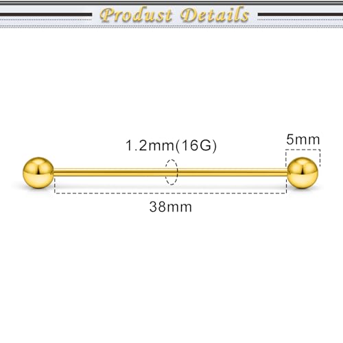 16G 14G Surgical Steel Tongue Rings Nipple Rings Industrial Piercing Jewelry Set Multi Size Straight Barbells 12mm 14mm 16mm 19mm 22mm 28mm 32mm 35mm 38mm 40mm 45mm for Women Men - color: goldtone, size: 16g,bar length 38mm