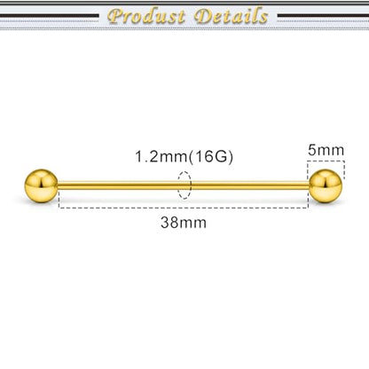 16G 14G Surgical Steel Tongue Rings Nipple Rings Industrial Piercing Jewelry Set Multi Size Straight Barbells 12mm 14mm 16mm 19mm 22mm 28mm 32mm 35mm 38mm 40mm 45mm for Women Men - color: goldtone, size: 16g,bar length 38mm