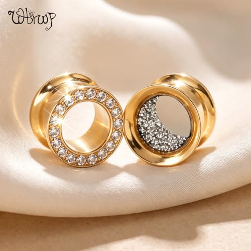WBRWP Unisex Women 6pcs/8pcs-3pairs/4pairs Hollow Zircon Stainless Steel Screw Ear Plugs Tunnels with ZirconEar Plugs Tunnels - Ear Expander - Ear Gauges Stretcher Body Piercing 8g-5/8 - color: 4pc Gold-2 with inside shining+2 with cz