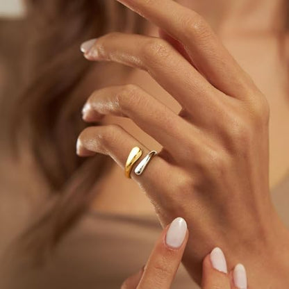 Non Tarnish Gold Chunky Rings for Women, 14K Gold Plated Statement Dome Rings Stacking Silver, Adjustable Mens Eternity Wedding Band Mixed Metal Jewelry Size 3-13 - color: Silver & Gold, size: 3, style: Open Twist Band
