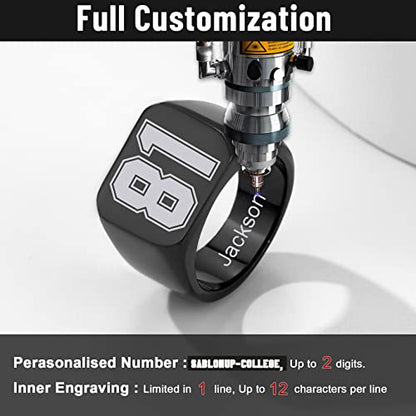 GoldChic Jewelry Personalized Signet Rings Men Women, Stainless Steel Custom Photo Bold Square/Oval Monogram/Old English Initial Pinky Stacking Statement Ring in Black/Silver/Gold (Size 7-14) - color: Black-Number -Square