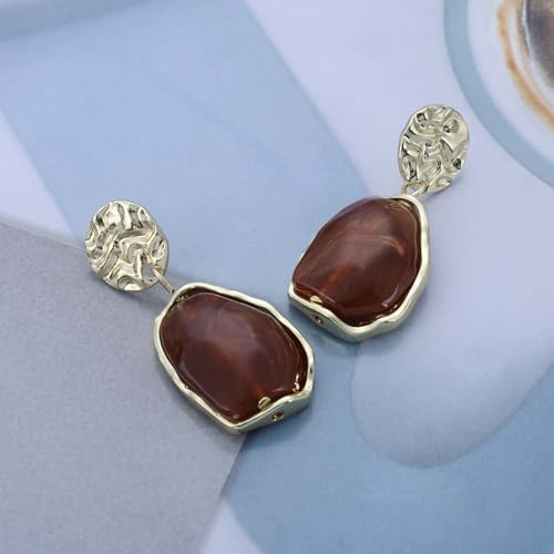 Vintage Irregular Acrylic Dangle Earrings Enamel Brown Drop Earrings Gold Hammered Disc Stud Earrings Acrylic Brown Geometric Earrings Jewelry for Women