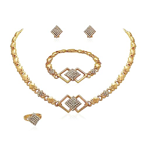 SYHOL Gold Jewelry Sets for Women 18K Gold/Silver Filled Jewelry Necklace Set Wedding Bridal Fashion Jewelry Sets Women Accessories Bracelets Earrings and Rings Sweetheart Gifts - color: X0030-Gold