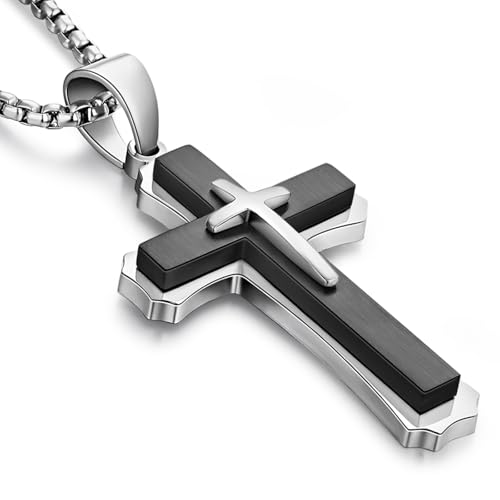 Men's Cross Necklace 316L Stainless Steel Large Heavy Cross Pendant for Men Polished Jewelry Rolo Chain with 22'' 24'' 26'' - color: E-White and Black, size: 24 inch